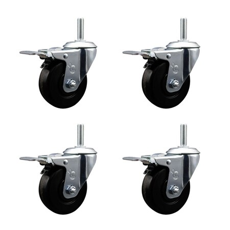 Service Caster 4 Inch Phenolic Swivel 34 Inch Threaded Stem Caster Set with Total Lock Brake SCC-TSTTL20S414-PHR-34212-4